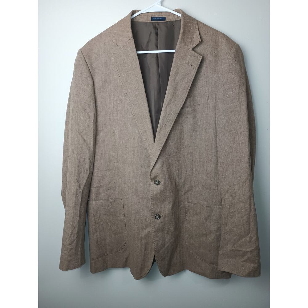 Stafford Men's Linen Cotton Two Button Jacket Blazer Size 44L Classic Fit Tan